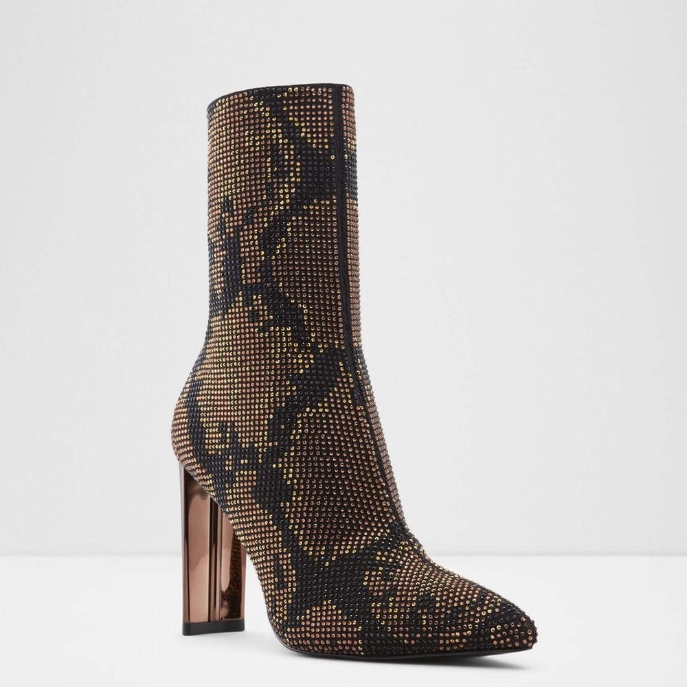 NIB/NWT Aldo Deludith Sequin Snake Print Sock Boots • Copper Heel • Size 9